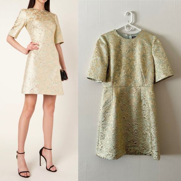 NWT Dolce & Gabbana Brocade Short-Sleeve Mini Dress in Mint Green Gold 46 US 10 - Picture 4 of 12
